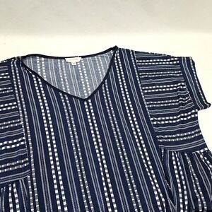 Exclusive One Top Women 3X Navy Blue Geometric Stripe V-Neck Boho Nautical